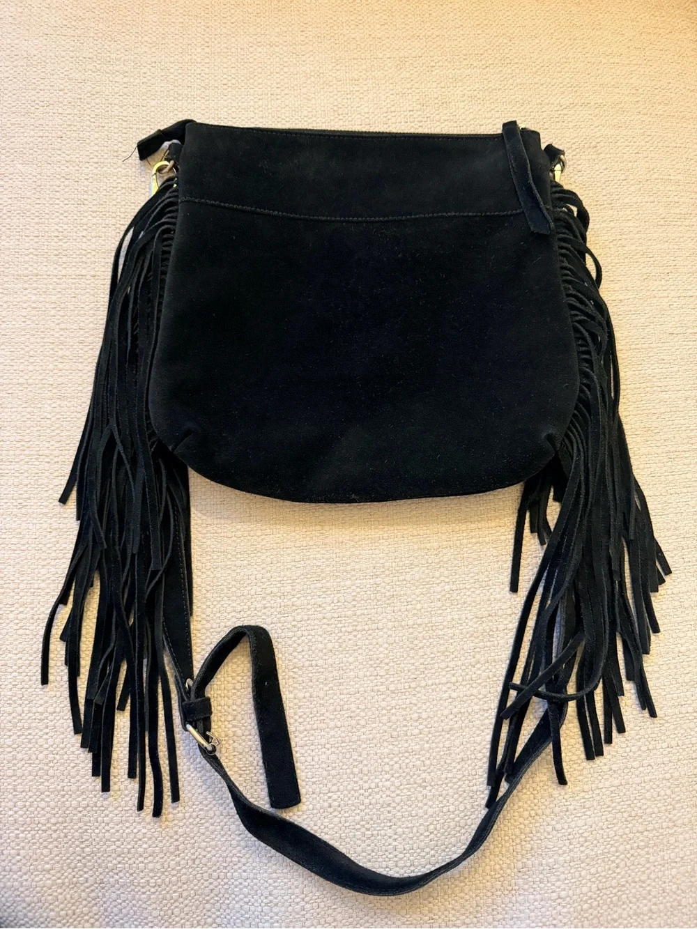 Prune Black Suede Fringe Crossbody with Diagonal Zip